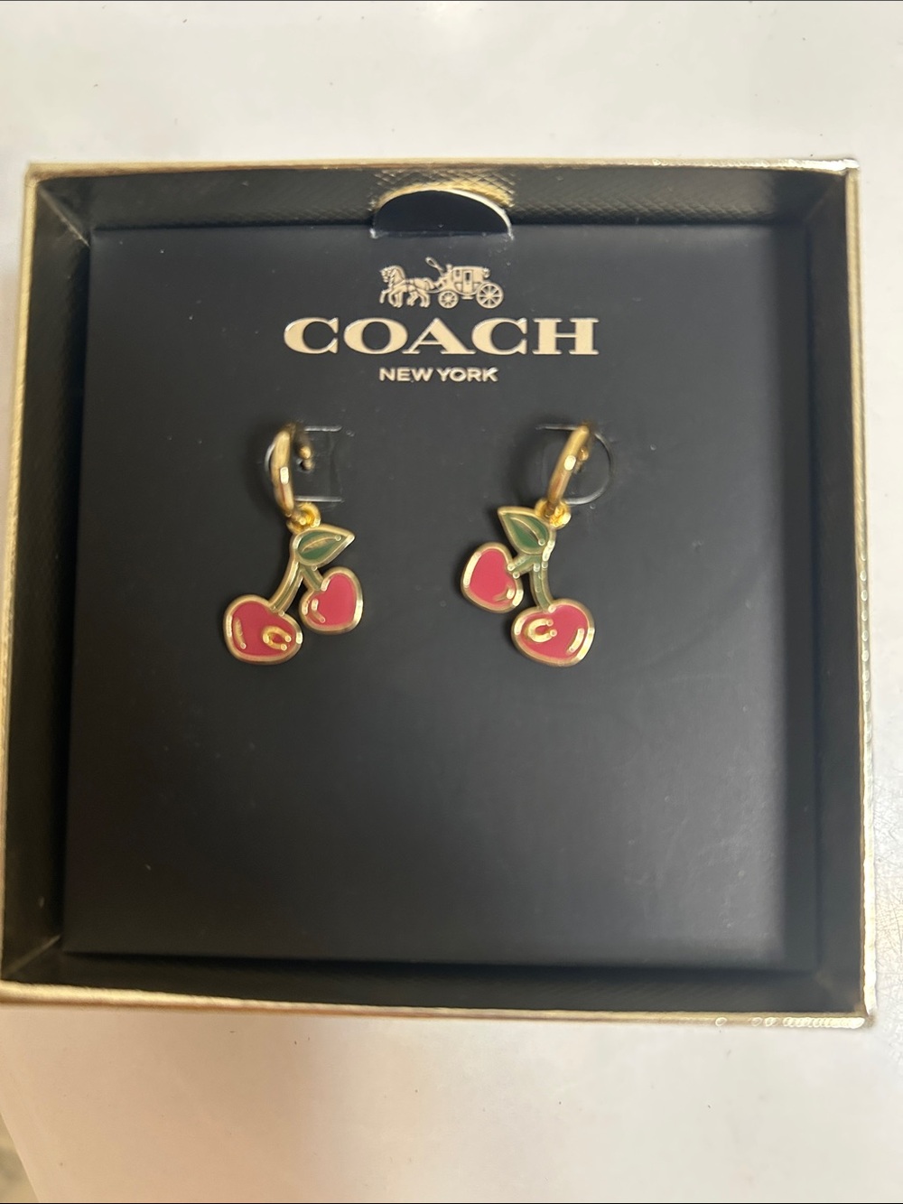 Coach Gold-Tone Cherry Drop Earrings with Red and Green Enamel